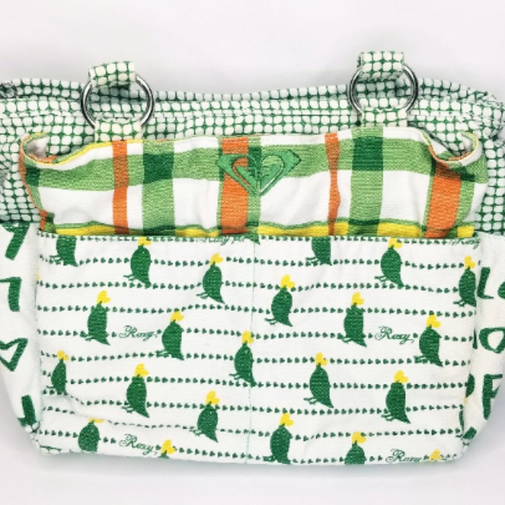 Vintage Roxy Canvas Bird Print Shoulder Bag Plaid Green White Spring y2k